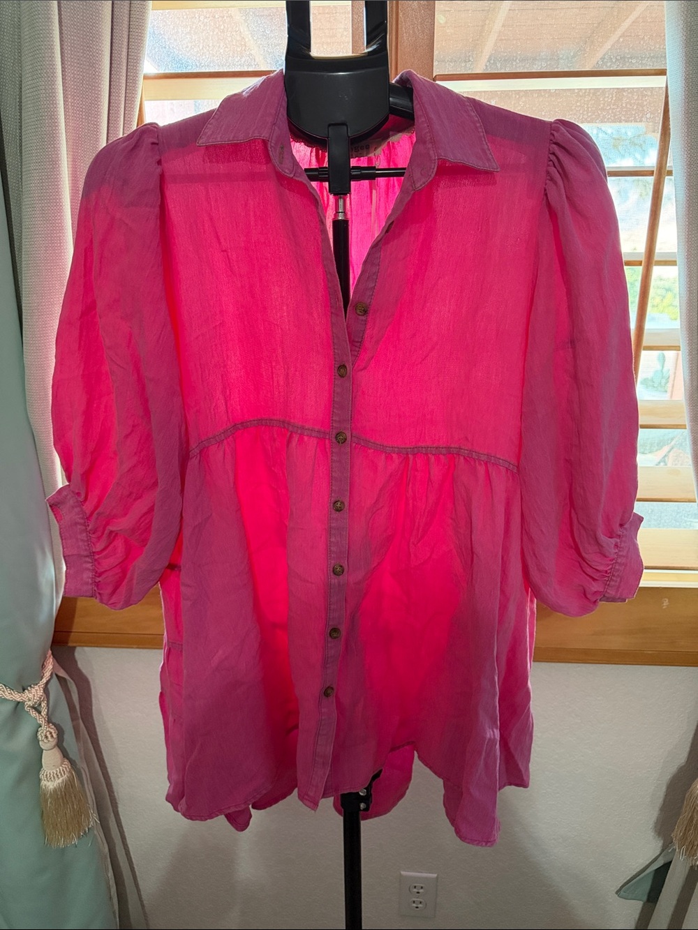 Umgee Hot Pink Puff-Sleeve Button-Up Blouse